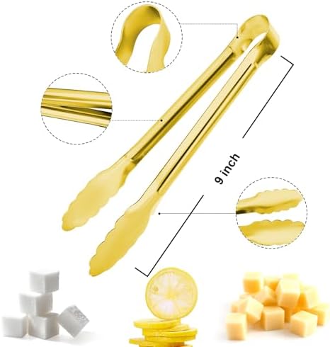 8PCS Gold Metal Tongs, 9" Stainless Steel Serving Tongs, Small Kitchen Accessories for Appetizer, Ice, Sugar Cube, Salad, Toaster, Desserts (Gold, 9 INCH)