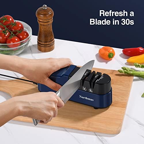 Northmas Knife Sharpener, Professional Electric Knife Sharpener for Home Use, 2 Stages for Quick Sharpening & Polishing, 100V-240V Global Voltage Design, Blue