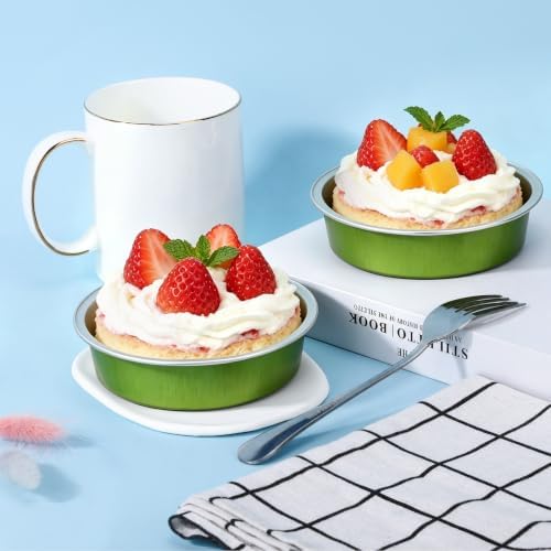 Beasea Mini Pie Tin Pan 100 Pack, 4" 7.3oz 215ml Disposable Baking Cups Only, Aluminum Foil Mini Ramekin No Lids Baking Pie Tart Pan Cheesecake Cups for Birthday Wedding Party - Avocado Green