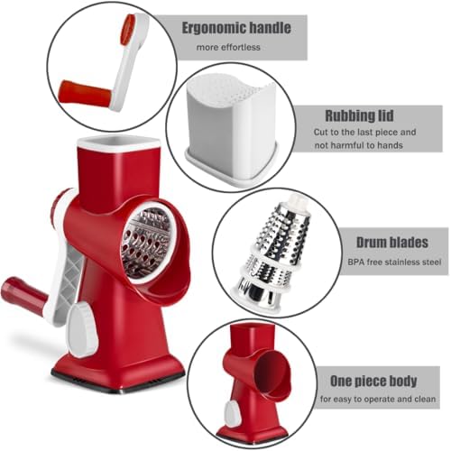 Rotary Cheese Grater Shredder with Handle Handheld Round Mandoline Vegetable Slicer Carrot Shredder Nut Grinder with 3 Replaceable Stainless Steel Drum Blades and Upgrade Strong Suction, Red/White