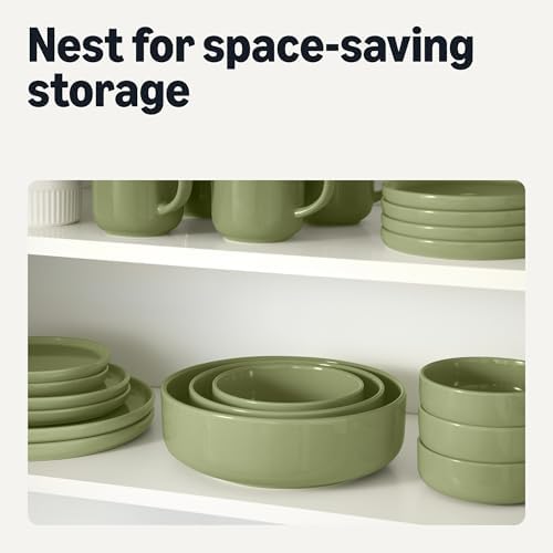 Amazon Basics Ceramic Serving Bowls Set Of 3, Glazed Stoneware (6", 8" & 10"), Nestable Space-Saving, Stain-Resistant, Microwave & Dishwasher-Safe, Olive