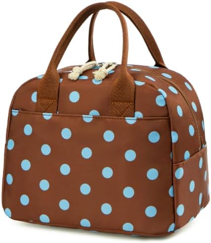 LOVELYWIND Lunch Box for Women,Insulated Lunch Bag Brown & Blue Polka Dots