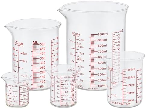 Ackers High Borosilicate Glass Measuring Cup Set with Pour Spout,60ml(2OZ),120ml(4OZ), 250ml(8OZ), 500ml(16OZ), 1000ml(32OZ) Glass Measuring Beaker for Kitchen or Restaurant, Easy to Read