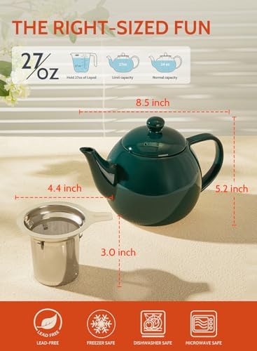Sweese Teapots for Tea, 27 oz Porcelain Tea pot with Removable Stainless Steel Infuser, Tea Pots for Loose Tea - Dark Green