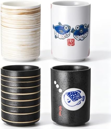 Qinyoung 4 Pcs Japanese Tea Cups Ceramic 10 oz No Handle, Pufferfish, Line