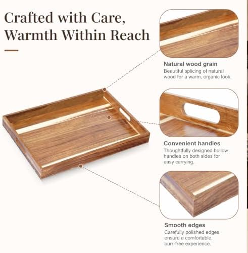 Premium Acacia Wood Serving Tray with Handles 17x12 Inch