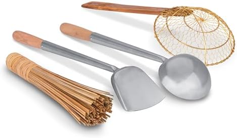 Craft Wok Tools 4 pcs Set: Ladle, Spatula, Strainer, Bamboo Brush/Utensils Traditional Asian Cookware with Wooden Handles / 732W9
