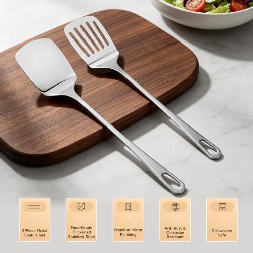 2PCS Stainless Steel Spatula, Solid & Slotted Metal Turner for Kitchen Use