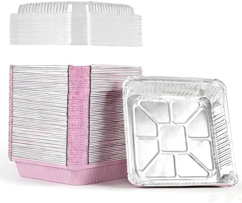 (40 Pack) 8x8 Square Aluminum Baking Cake Pans with Clear Lids - Pink Foil Pans with Lids - Disposable Food Containers Great for Cooking, Heating, Storing, Prepping Food