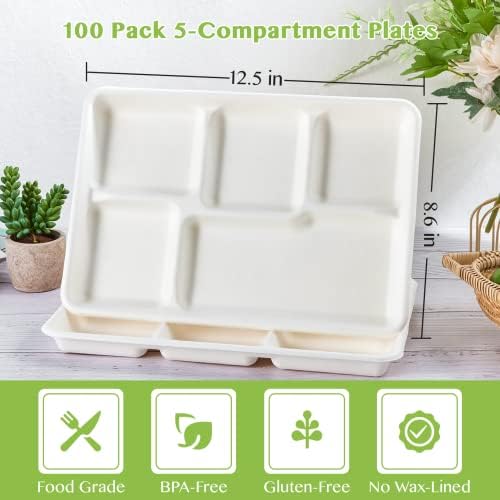 ECOLipak Compostable Disposable 5 Compartment Paper Plates, 12.5inch