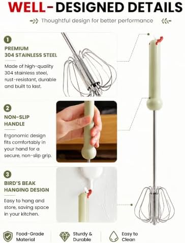 2 PC Semi-Automatic Stainless Steel Egg Beater, Hand Push Rotary Whisk