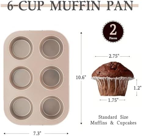 6-Cup Muffin Pan Set, Nonstick Carbon Steel Baking Pans, 2 Pack