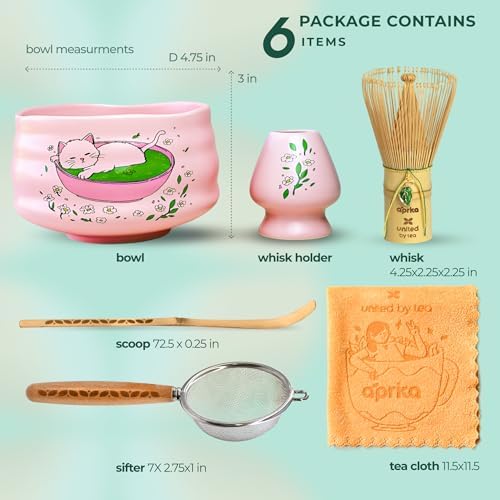 Aprika Life Matcha Whisk Set 6 Pcs - Ceramic Matcha Bowl, Bamboo Whisk, Matcha Whisk Holder, Scoop, Sifter & Tea Cloth - Traditional Handmade Matcha Set - Unfurl Pink with Cat print