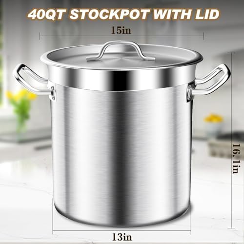Stockpots 40QT Large Stock Pot - Stainless Steel Stockpot with Lid, Heavy Duty Tri-Ply Bottom Commercial Grade Soup Pot for Cooking Soup Stew Big Pot for Boiling Canning Pot, Deep Cookware