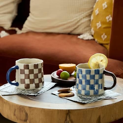 Retro Checkered Ceramic Coffee Mug 16Oz - Extra Large Handle, Microwave Safe Vintage Patterned Tea Cup for Home-2pack