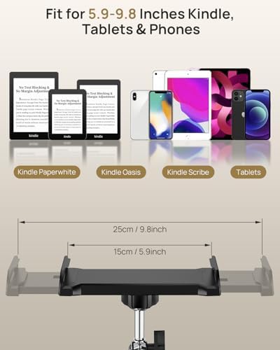 Kindle Holder with Remote Page Turner – Kindle Stand with Remote Page Turner for Bed, Hands-Free Clip Mount, Easy-Adjust Steel Arm (Not Gooseneck), No Text Blocking