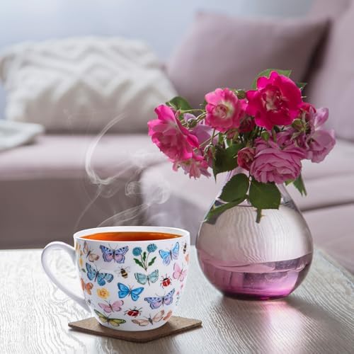 Colorful Butterfly Mug - 20oz Bone China Coffee Tea Hug Mug with Multicolor Butterflies, Ladybugs, Bees & Blooms, Perfect Gifts for Mom Women Mothers Day, Designed in England by Harvest Green Studio