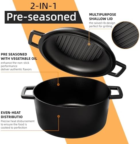 2-in-1 Pre-Seasoned Cast Iron Double Dutch Oven Pot with Skillet Lid & Silicone Sleeves – Raised Rib Skillet Lid– Umite Chef 7QT Cast Iron Skillet Cookware Pan Set wirh Dual Handles – Oven, Grill, Campfire & Stovetop Safe –PFAS-Free