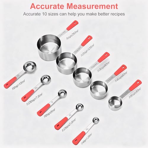 Bopei 10-Pcs Stainless Steel Measuring Cups & Spoons Set, Red Handles