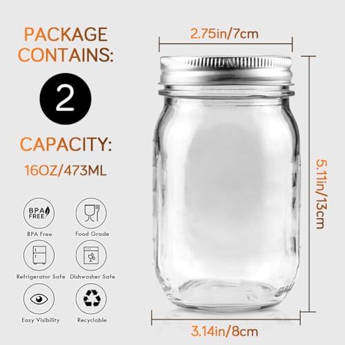 Showvigor 2 Pack Regular Mouth Mason Jars 16oz Glass Canning Jars with Airtight Lids for Preserving, Jam, Honey, Jelly, Wedding Favors, Sauces, Meal Prep, Overnight Oats, Salad
