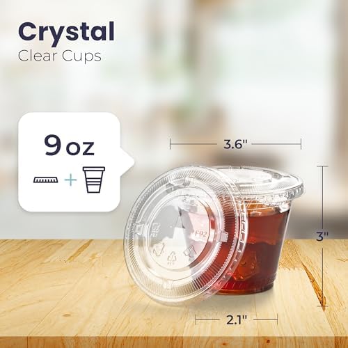 Fit Meal Prep 50 Pack 9 oz Clear Plastic Cups with Flat Lids, Disposable Iced Coffee Cups, BPA Free Premium Crystal Smoothie Cup for Party, Lemonade Stand, Cold Drinks, Juice, Milkshake