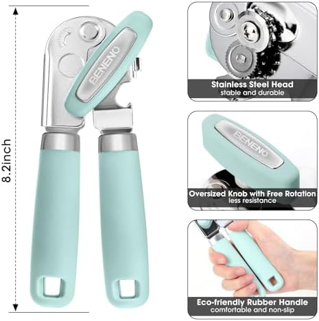 Beneno Heavy Duty Hand Can Opener Manual with Magnet Lid Remover, Mint