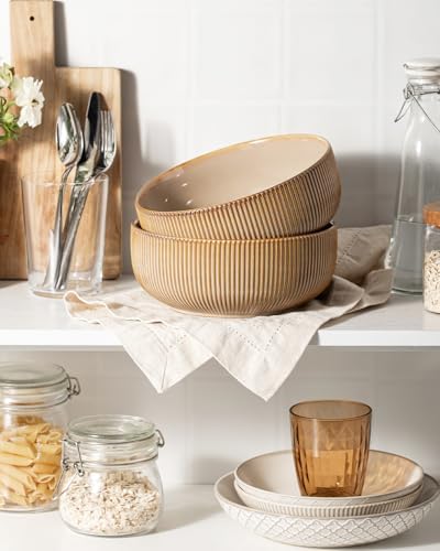 getstar Large Serving Bowls (8 inch & 60 fl oz), Ceramic Salad Bowl Set of 2, Microwave and Dishwasher Safe, Farmhouse Kitchen Decorative Bowls Set (Embossed Stripes, Vintage Yellow)