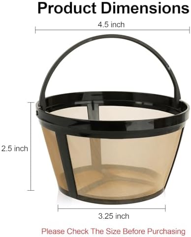 Reusable Coffee Filters 8-12 Cup Compatible with Black Decker Mr Coffee & Most Standard 8-12 Cup Basket-Style Coffee Makers - Permanent Gold Tone Stainless Steel Mesh Coffee Filter Replaces Paper