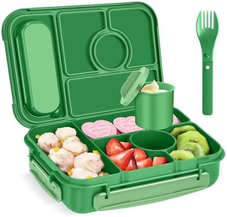 Amathley Bento Box Adult Lunch Box Kids,Lunch Containers for Adults/Kids/Toddler,5 Compartments Bento Lunch Box with Sauce Vontainers,Microwave & Dishwasher & Freezer Safe,BPA-Free (Emerald green)