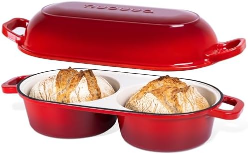 Dutch Oven For Sourdough Bread Baking – Enamelled Cast Iron Bread Loaf Pot – 500°F Oven Safe Non Stick Bread Pot – Double Round Loaf Space, 16.5cm Diameter, Red, – by Nuovva