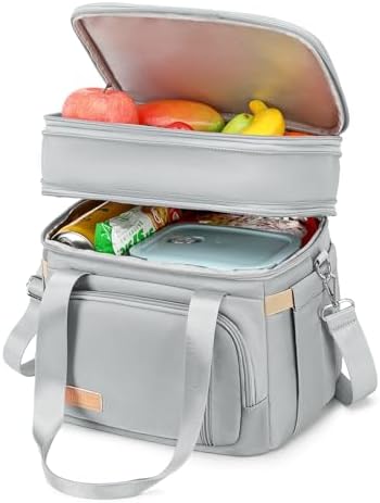 MAPLELILY Lunch Box for Men Women - Double Deck Insulated Lunch Bag, Large Leak Proof Tote Cooler, Wide Open Dual Compartment Lunch Bags with Shoulder Strap, For Work Picnic Hiking Beach, Grey