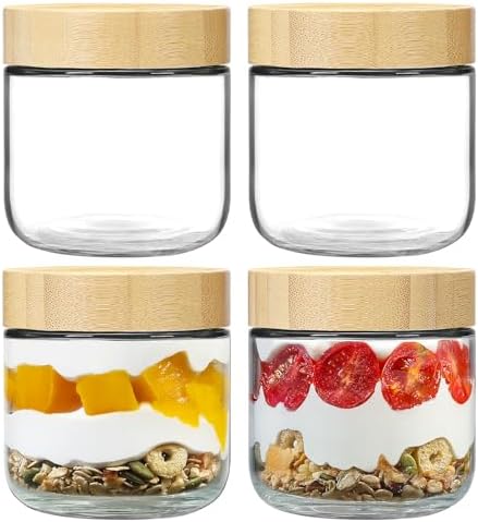 NETANY 4-pack 10oz Glass jars with Airtight Lids, Overnight Oats Containers with Bamboo Lids, Wide mouth Mason Salad jars, Glass Food Storage Containers for Snacks Yogurt Spice Sugar
