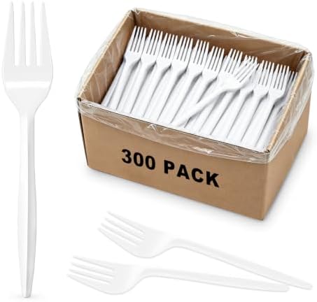 CXPSINC 300 Pack Plastic Forks Disposable, Individually Wrapped Heavy Duty Cutlery Bulk, Sturdy Polypropylene Forks for Restaurants, Takeout, Cafeterias, Parties (300 Pcs-White-Fork)