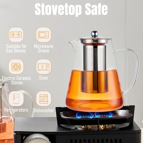 Baalaka Teapot with Infuser, 44 oz Borosilicate Glass Kettle, Stovetop