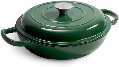 3 Quart Enameled Cast Iron Braiser, Non Stick Enameled Cast Iron Skillet with Lid, Dutch Oven Skillet with lid up to 500°F for Oven, Stove, Grill, Shallow Dutch Oven for Cook, Bake (Green)