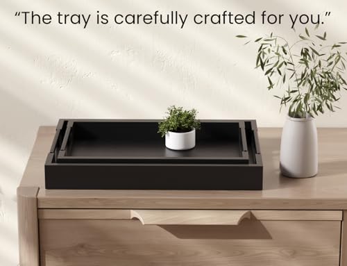 Fibogollo Set of 2 Bamboo Serving Trays with Metal Handles(Black)