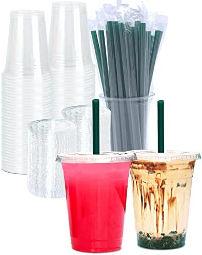 Cappatua 16 oz Clear Plastic Cups with Lids and STRAWS, Disposable Drinking Cups for Cold Drinks, Iced Coffee, Milkshakes, Smoothies, 25 Sets