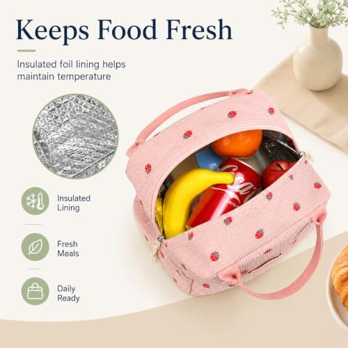 Bluboon Lunch Box for Women Cute Lunch Bag Reusable Insulated Lunch Bags Large Capacity Lunchbox Cooler for Work Picnic or Travel Gifts (Cute Pink Strawberry Black Dots, 10 x 7.5 x 8 inches)