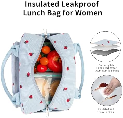 GASSDA Lunch Box for Women Insulated Lunch Bag Women Adult Cute Lunch Bags Reusable Lunchbox Cooler Tote Bag for Work Picnic (Blue-Strawberry)