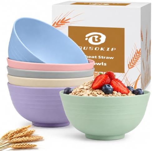 Cereal Bowls 26oz, Unbreakable & Lightweight Wheat Straw Bowls Sets of 6, Kitchen Bowls for Ramen, Soup, Salad, Microwave Safe Bowls for Camping, Dorm, Party - Colorful