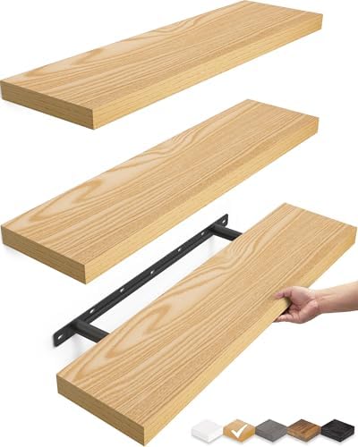 BAYKA Light Oak-Toned Floating Shelves 22.5in, Set of 3, Wall Mounted Shelf