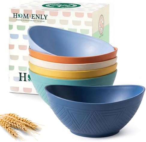 Homienly Wheat Straw Bowls 26 OZ Oval Serving Bowls 6 PCS Unbreakable Plastic Cereal Bowls for Kitchen, Party, Camping, Dorm, RV Bowl Set for Soup, Salad, Snack, Microwave and Dishwasher Safe (Multi)