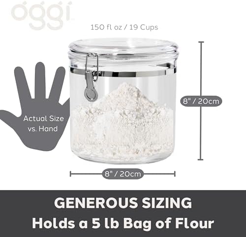 Oggi Jumbo Clear Canister with Clamp Lid, 150 oz - Airtight Food Storage Container, for Kitchen & Pantry Storage of Bulk, Dry Foods Including Pasta, Flour, Sugar, Coffee, Rice, Tea, Spices & Herbs