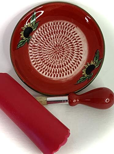 BonCera, Premium Ceramic Garlic Grater Plate Set - Red Sunflower