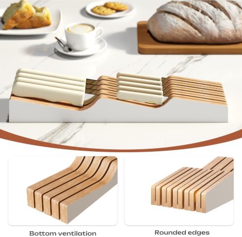 In-Drawer Knife Block Organizer - Bamboo Wood Drawer Knife Organizer-Protecting Knife Organizer Block (Not Included) (White, 9 Knives Dock)