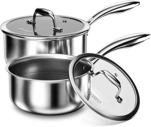 COOKER KING Sauce Pan Set, 1.5 QT & 2 QT Saucepan with Lid, Hybrid Ceramic Nonstick Saucepan, non stick Sauce pot, Stainless steel Cookware, Induction Compatible (PFAS/PFOA/PTFE Free)