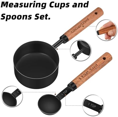 Wooden Handle Measuring Cups & Spoons Set 8-Piece – Stainless Steel, Stackable, Rustic Farmhouse Kitchen Gadgets, Non-Toxic, Dishwasher Safe, Gift for Bakers & New Homeowners