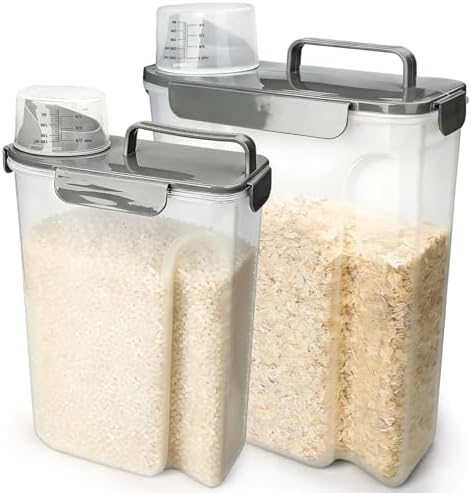 Komzon Rice Storage Containers, Airtight Cereal Containers Storage, BPA Free Rice dispenser for Flour, Pasta, Grain and Baking, Pet Dog Cat Bird Food Container 20lb+ 10lb Grey