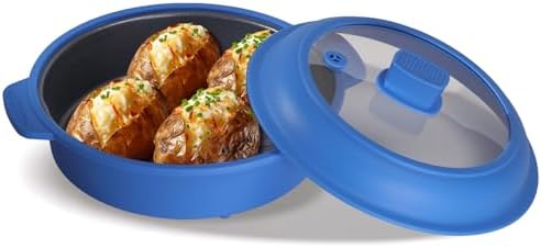Microwave Grill Pan, Fry Griddle Crisper Pan with Lid for Grilling Browning and Crisping Foods Microwave Silicone Cookware for Baked Potato Meat Sandwich Vegetable Blue