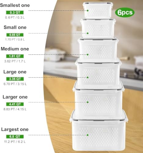 6 PCS Large Fruit storage Containers for Fridge ,Food Storage Containers
